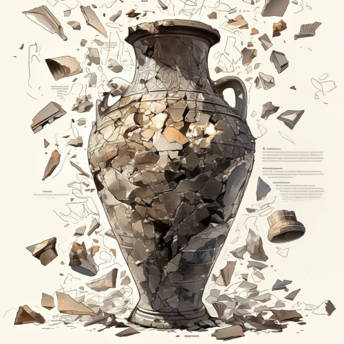 Broken pottery pieces fly away from old amphora Broken pottery pieces fly away from old amphora