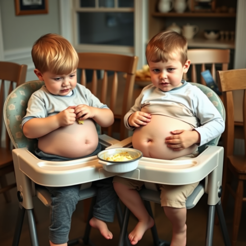 Brothers Enjoying Dinner in High Chairs
