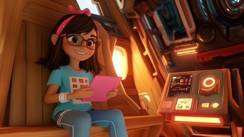 Bryanna in cozy treehouse spaceship with pink tablet.