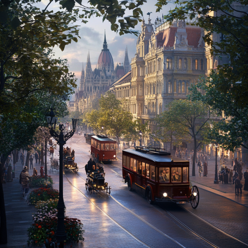 Budapeste at night in the 1900s, realistic city view.