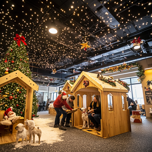 Building cozy dog houses in Christmas-themed office