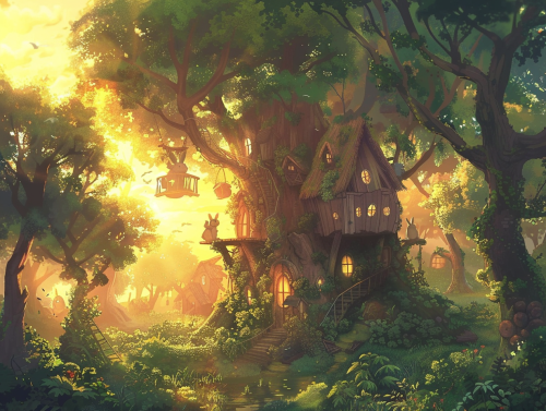 Bunnies fixing treehouses in green forest at sunset.