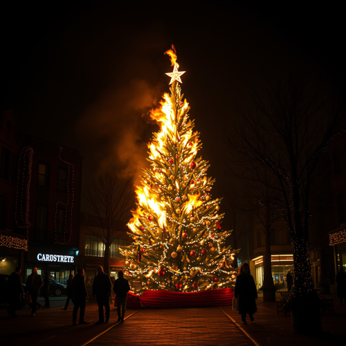Burning Christmas Tree in the Town Square