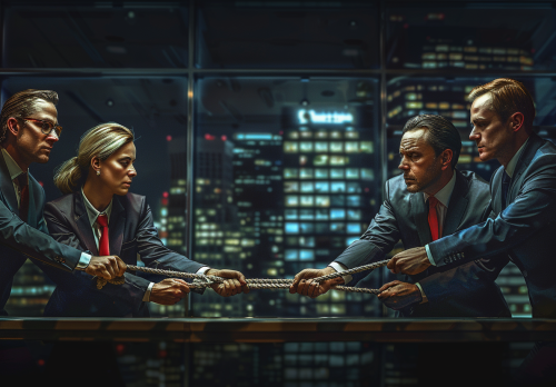 Business people play tug-of-war in modern office