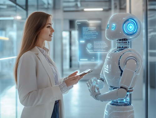 Business professional engaging with AI chatbot on modern screen.