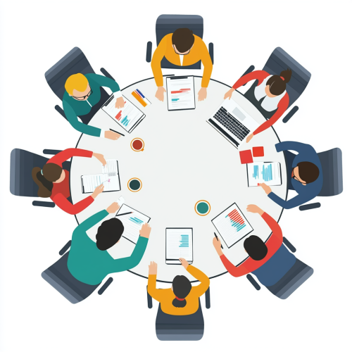 Business team collaborating around round table in cartoon style.