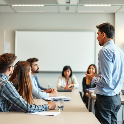 Businessman gives seminar to university students in classroom.