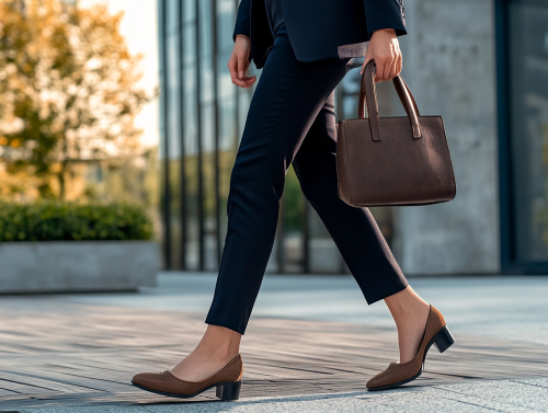 Businesswoman in blue suit walking outside office building. Businesswoman in blue suit walking outside office building.
