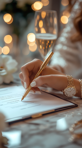 Businesswoman signing contract at luxurious marble desk