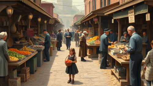 Bustling 1920s Marketplace with Vendors and Customers