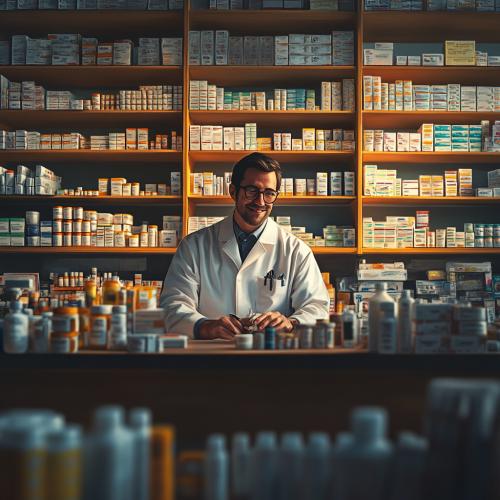 Busy Pharmacy Technician Assists Customers Amid Shelves.
