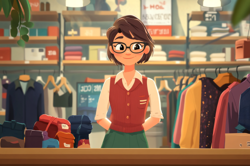 Busy cartoon character at clothing store with clients