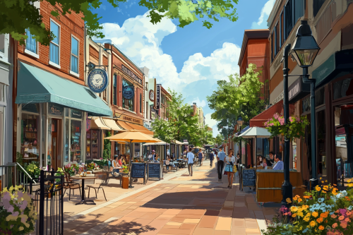 Busy street with shops and restaurants, vibrant atmosphere