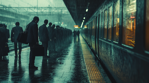 Busy workers wait for train under rainy sky