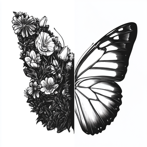 Butterfly silhouette with flower wing laser engraved illustration