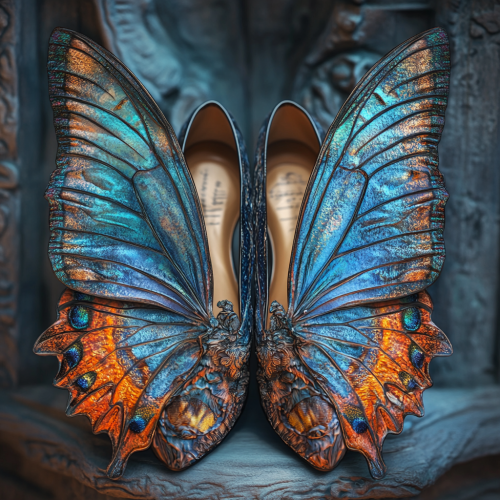 Butterfly wings embrace stylish shoes in magical fantasy.