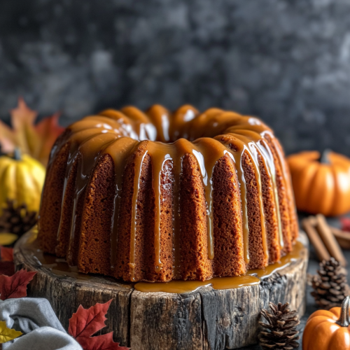 Buttermilk Pumpkin Pound Cake with caramel glaze on rustic board.