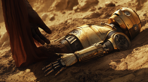 C3PO repaired by mysterious figure in desert landscape. C3PO repaired by mysterious figure in desert landscape.