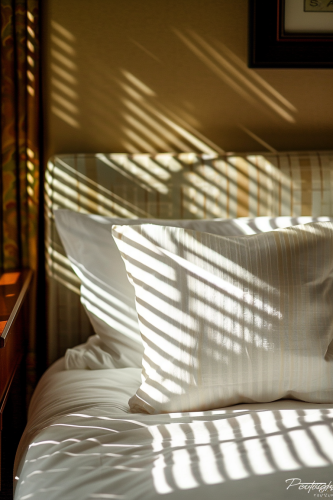 Calm Bed with Pillow, Nightstand, Blurred Frame View