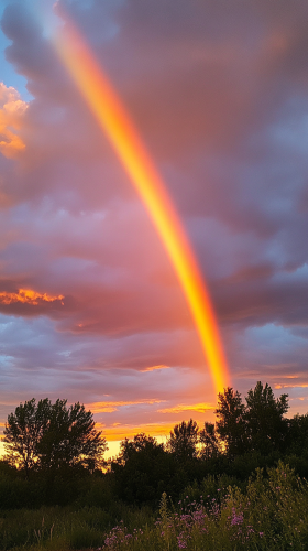 Calm sky with pastel rainbow and soft clouds