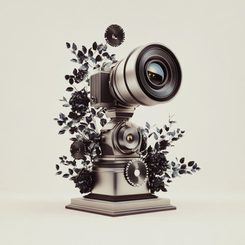 Camera-shaped trophy with metallic sheen and film reels.