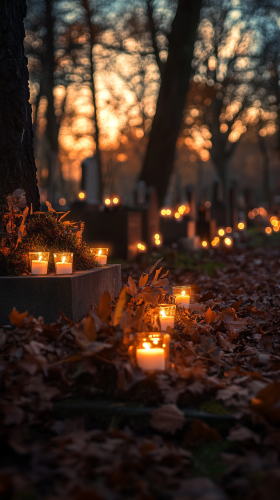 Candles glow at grave in peaceful dusk scene