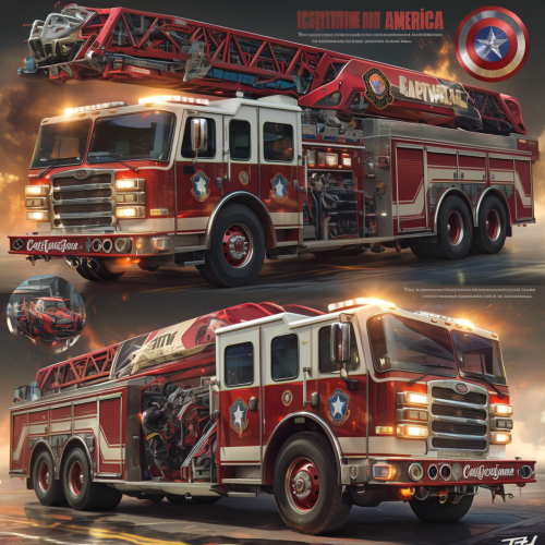 Captain America-themed fire truck with patriotic design and details.