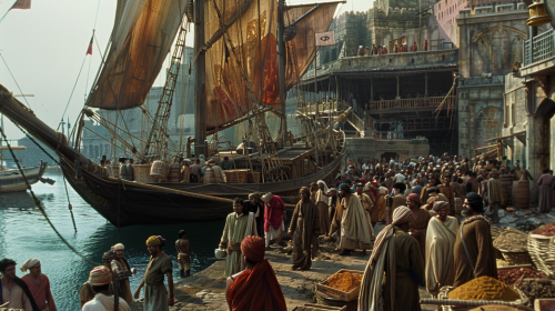 Caravel at Indian port loading spices in 1450
