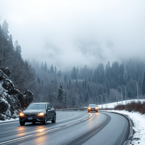 Cars Moving Slowly in Foggy, Chilly Mountains