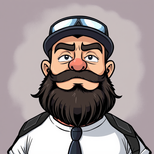 Cartoon bodyguard with beard and mustache wearing white t-shirt