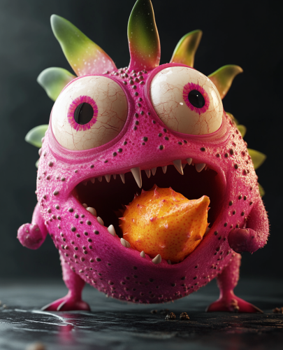 Cartoon capybara eats dragon fruit on black background