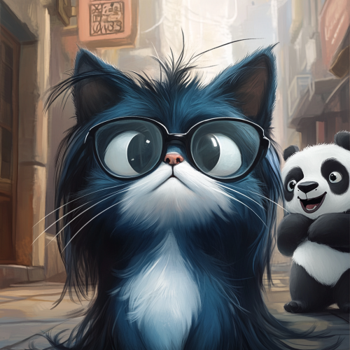 Cartoon cat with blue fur, shaved left side. Sloth, panda cub in background, playful theme. Cartoon cat with blue fur, shaved left side. Sloth, panda cub in background, playful theme.