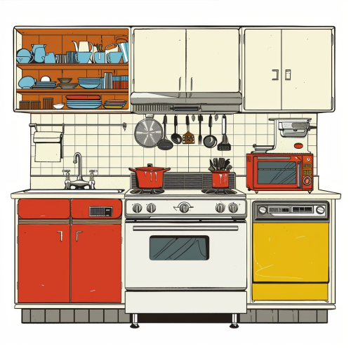 Cartoon kitchen with bold lines, different sizes