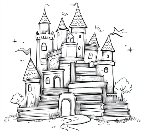 Cartoon style coloring page of fantasy castle from books.