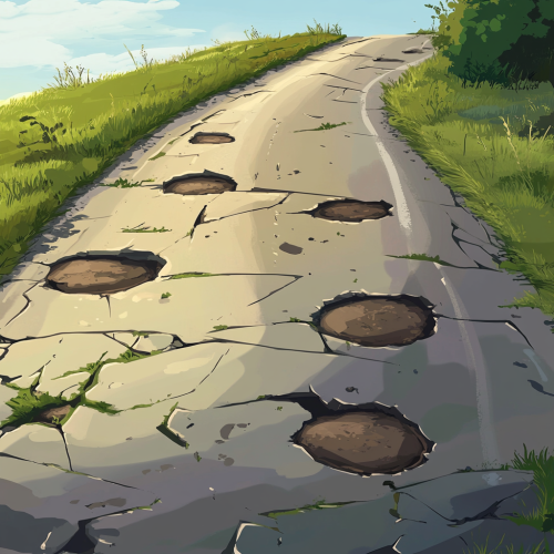 Cartoonish potholes on winding road with grassy edges