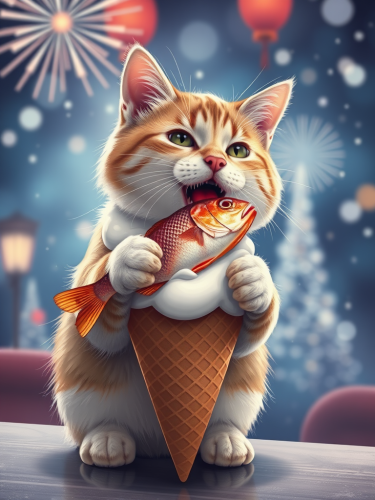 Cat Enjoying Fish Ice Cream on New Year's Eve