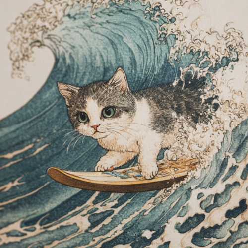 Cat surfing on board in dreamy watercolour waves.