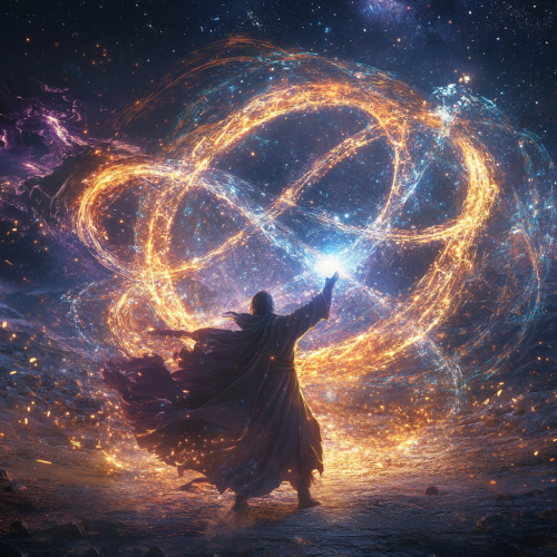 Celestial scene with powerful immortality spell and sorcerer. Celestial scene with powerful immortality spell and sorcerer.