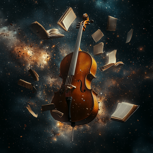 Cello and books floating in outer space with light. Cello and books floating in outer space with light.