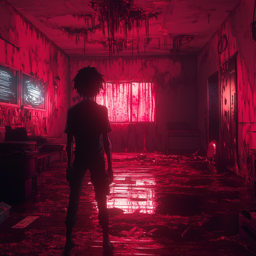 Chainsaw Man anime style dreamlike, demonic, creepy scenario.