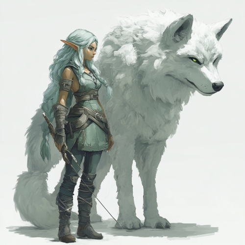 Character design with green hair, fluffy white wolf.