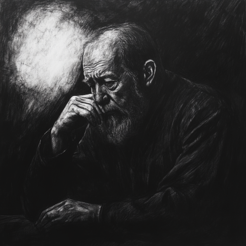 Charcoal portrait of Russian author Solzhenitsyn, deep in thought.