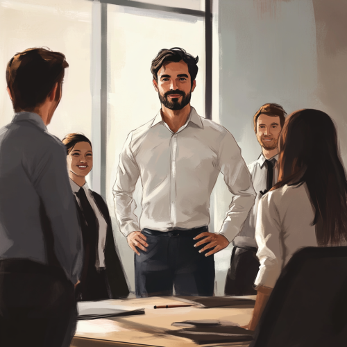 Charismatic leader inspires motivated team in modern office