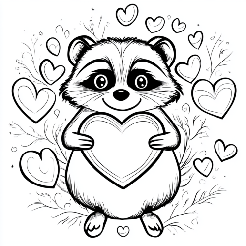 Charming raccoon holding heart with surrounding hearts, minimalist style.