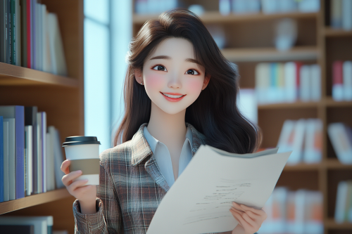 Cheerful Korean office worker in cozy library setting
