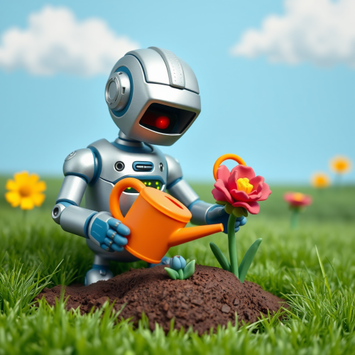 Cheerful Robot Tenderly Watering Vibrant Clay Flower