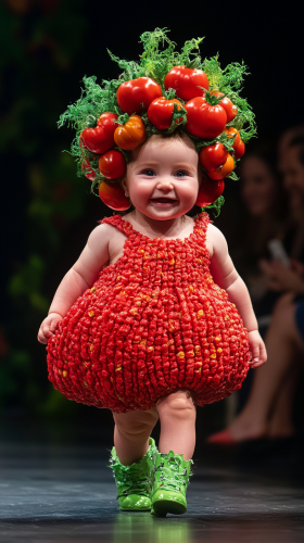 Cheerful baby girl in tomato-themed fashion show.