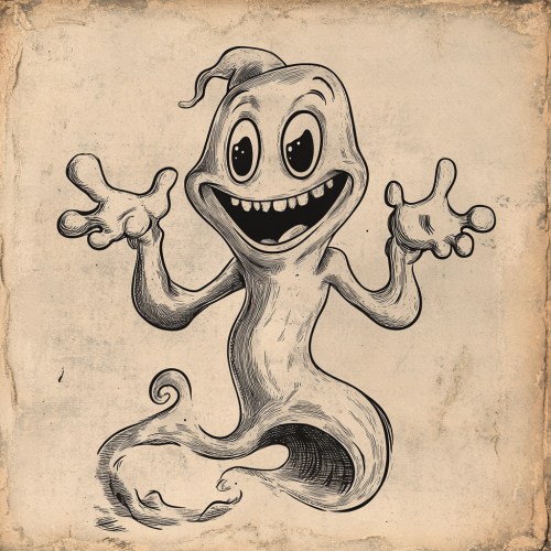 Cheerful ghost in old cartoon style with accessories.