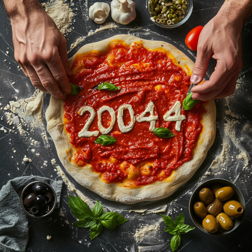 Chef prepares 2014 themed pizza with fresh ingredients.