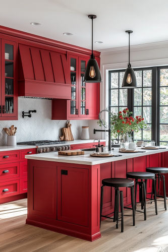 Cherry red kitchen with modern and inviting design.
